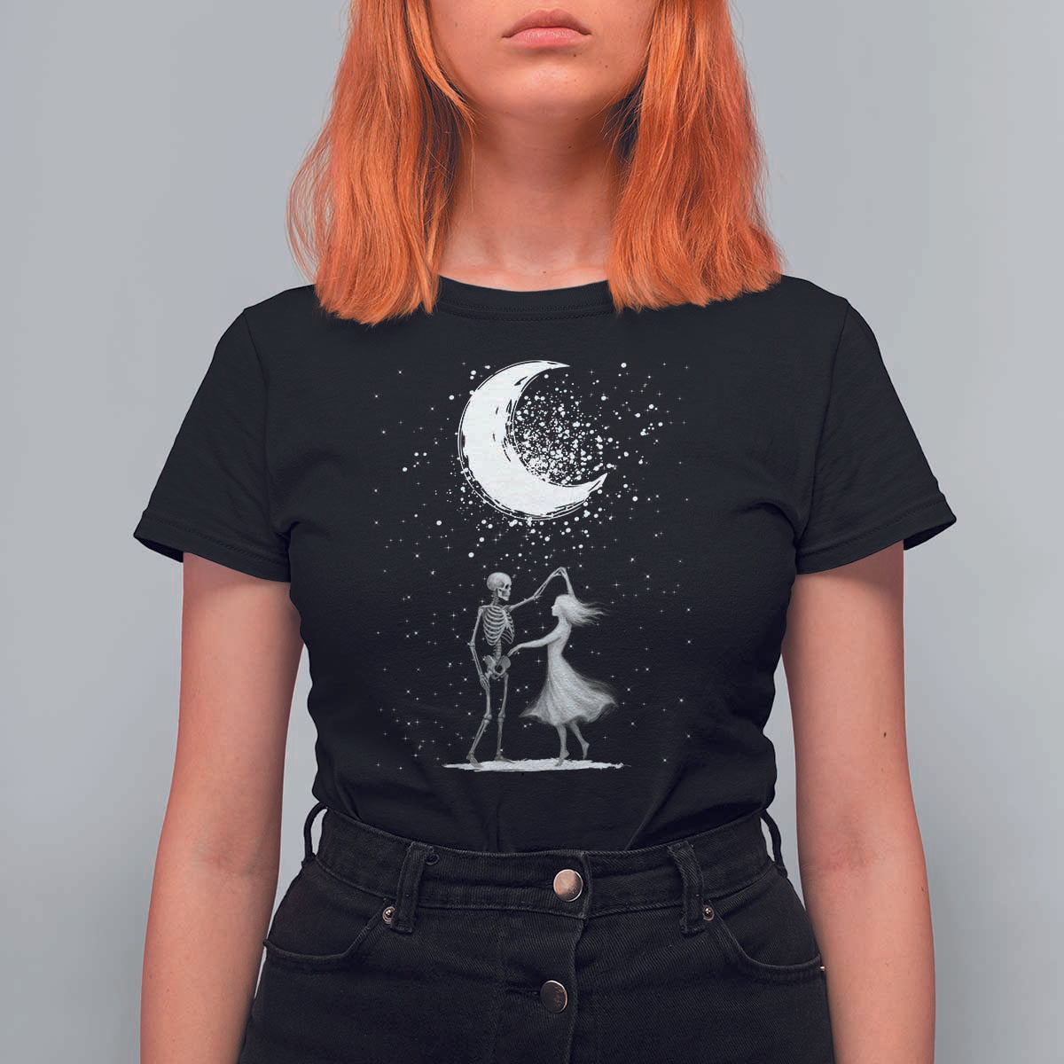 Skeleton Lover Dancing Under The Moon Dark Romantic Art T Shirt For Women - Wonder Print Shop