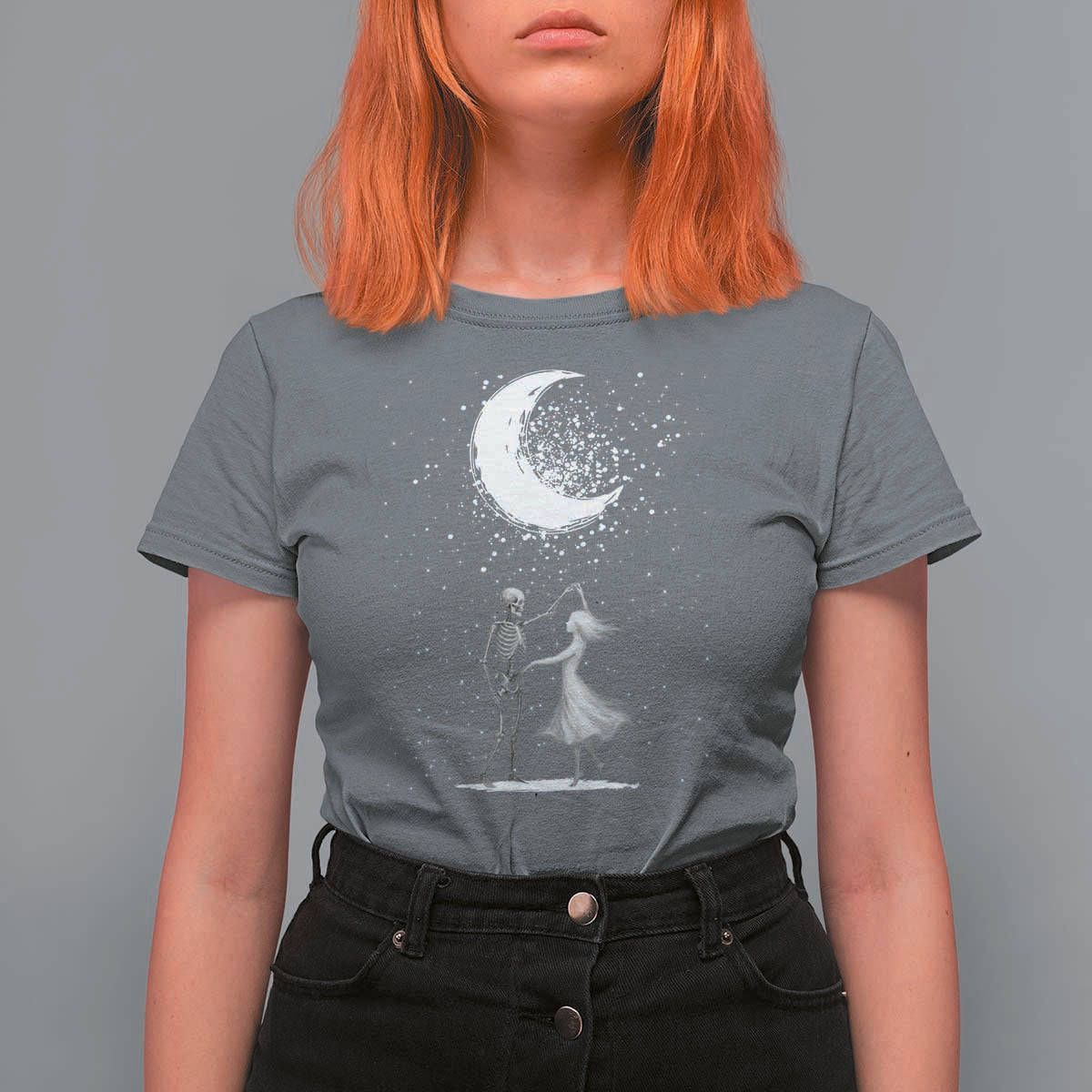 Skeleton Lover Dancing Under The Moon Dark Romantic Art T Shirt For Women - Wonder Print Shop