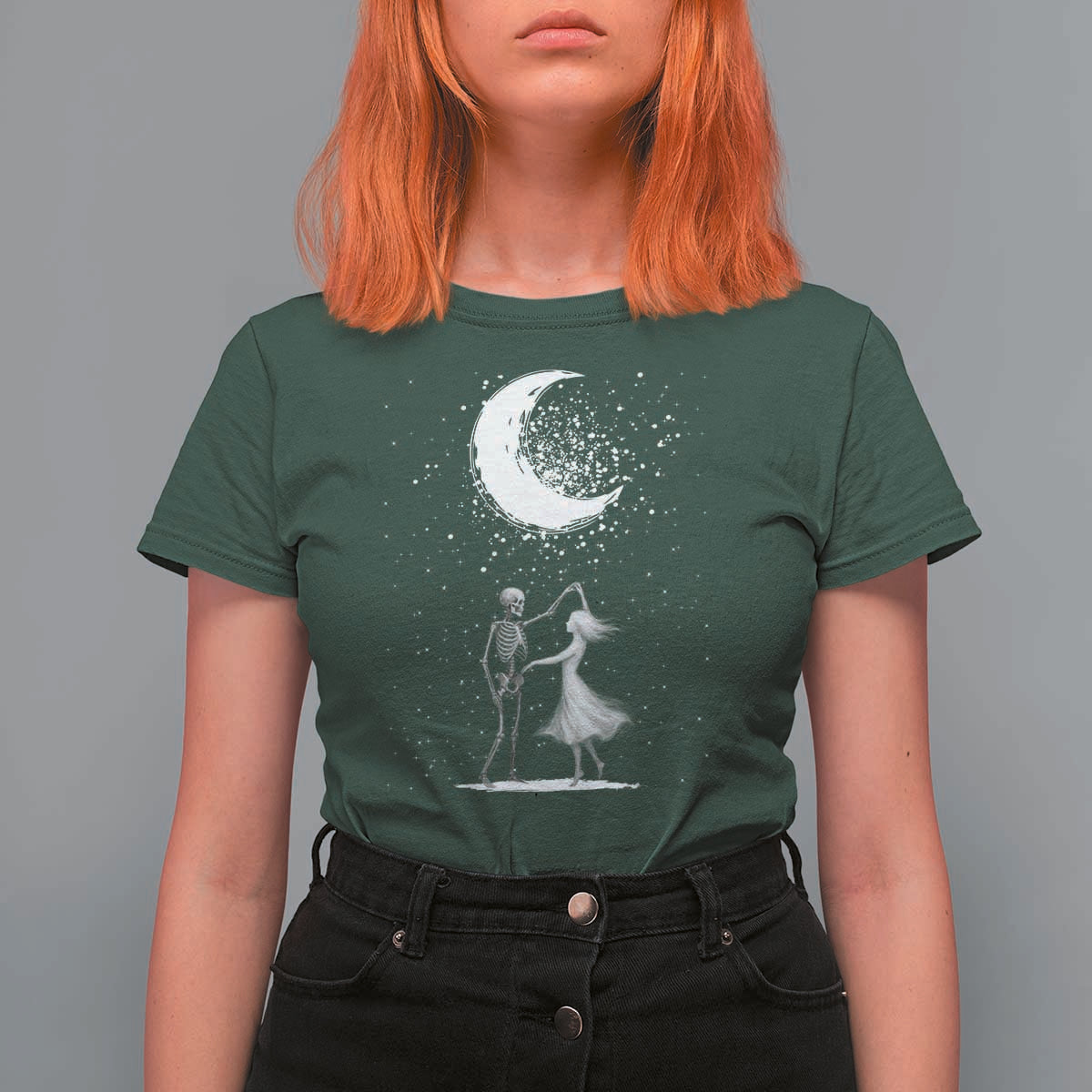 Skeleton Lover Dancing Under The Moon Dark Romantic Art T Shirt For Women - Wonder Print Shop