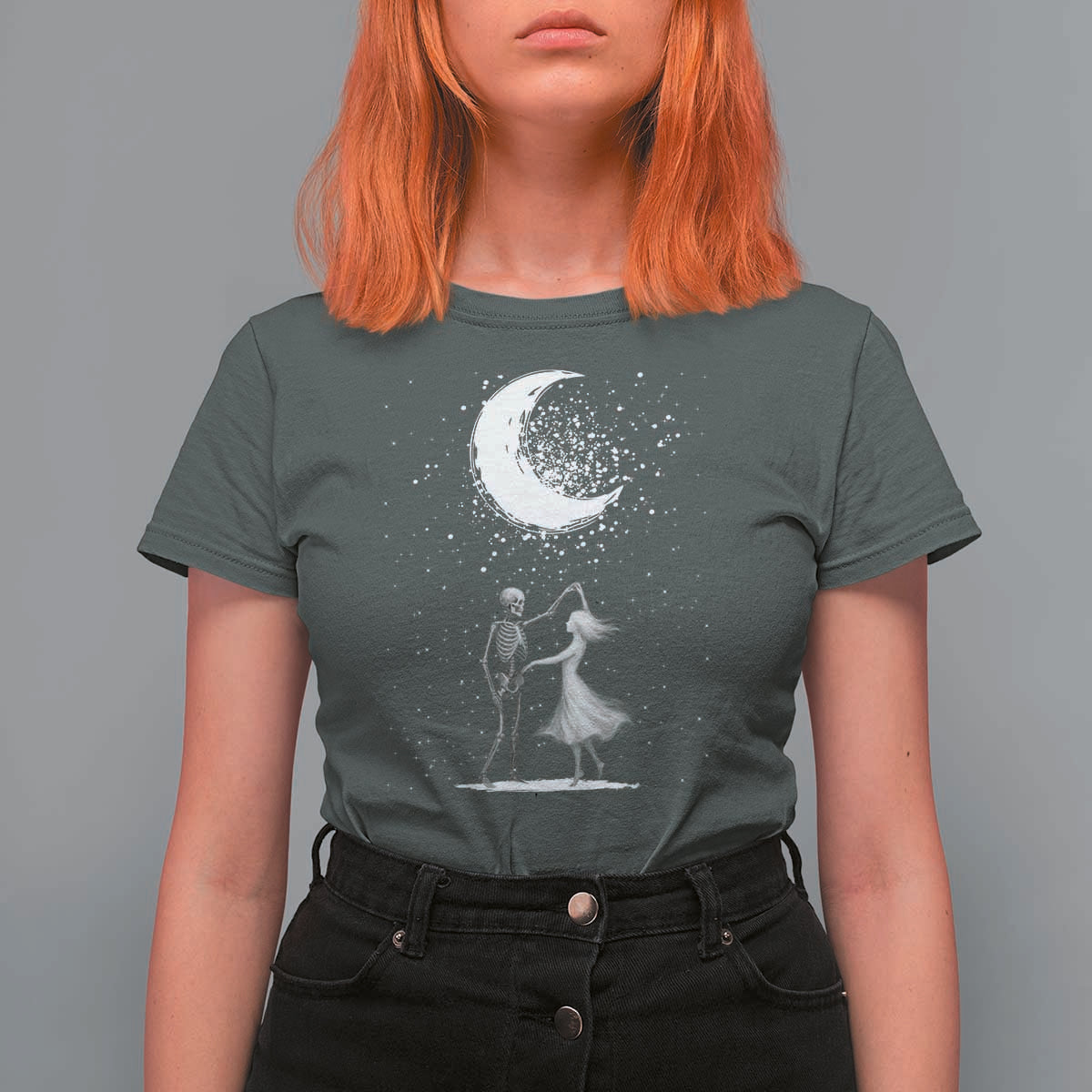 Skeleton Lover Dancing Under The Moon Dark Romantic Art T Shirt For Women - Wonder Print Shop