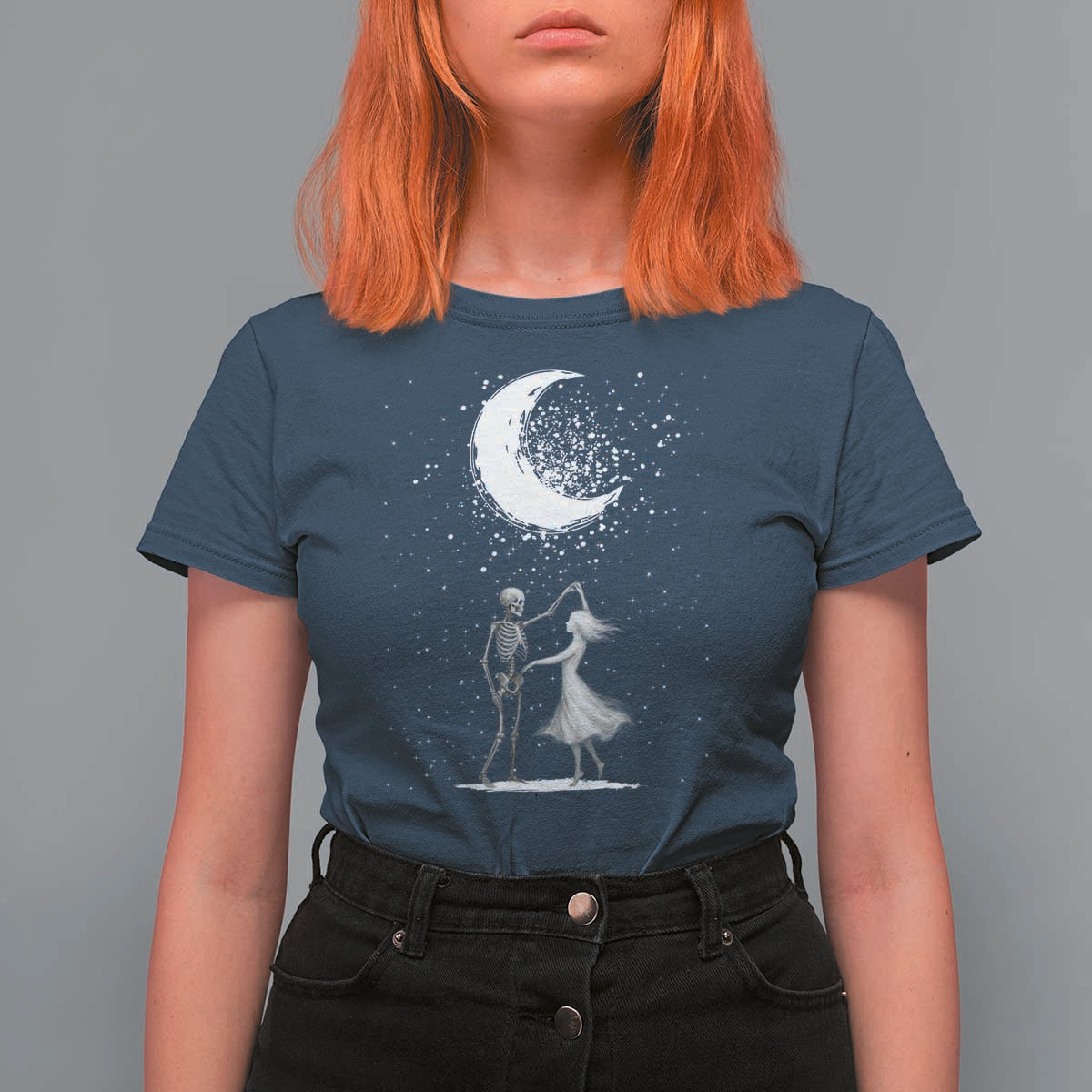 Skeleton Lover Dancing Under The Moon Dark Romantic Art T Shirt For Women - Wonder Print Shop