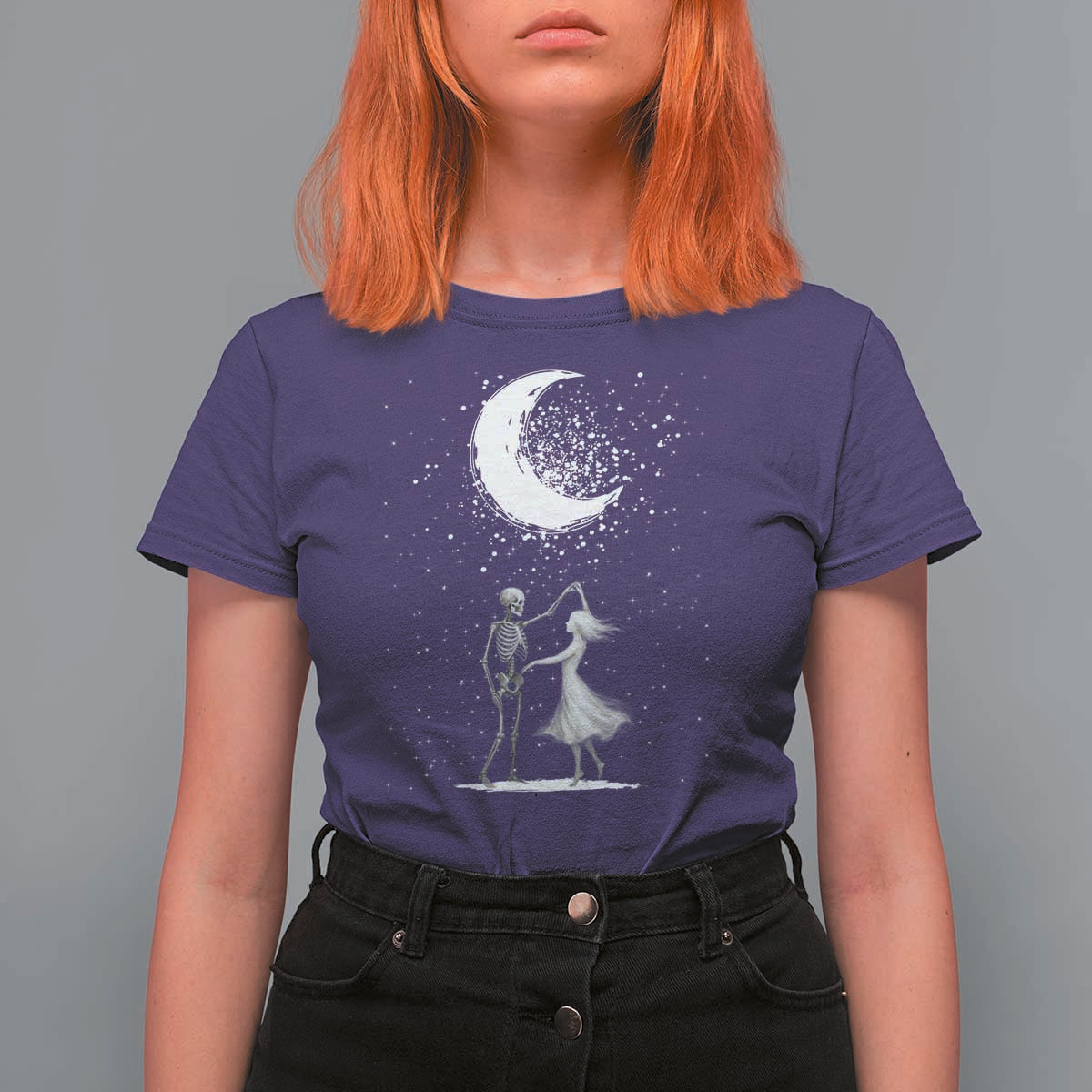 Skeleton Lover Dancing Under The Moon Dark Romantic Art T Shirt For Women - Wonder Print Shop