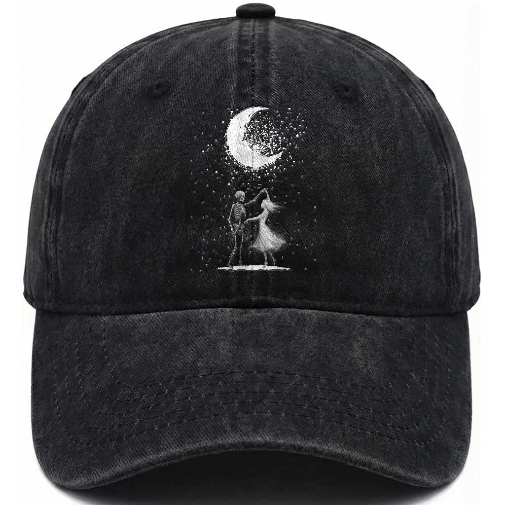 Skeleton Lover Dancing Under The Moon Dark Romantic Art Washed Cotton Baseball Cap