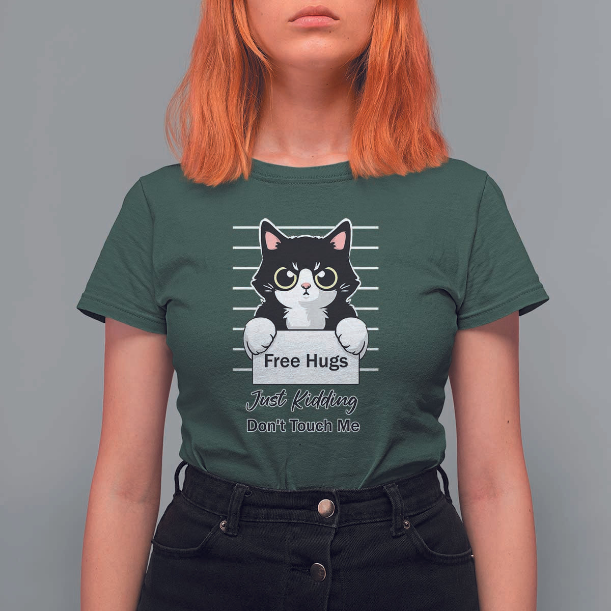 Funny Black Cat Quote T Shirt For Women Free Hugs Just Kidding Do Not Touch Me - Wonder Print Shop