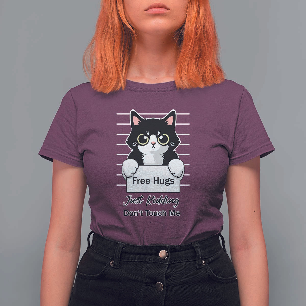 Funny Black Cat Quote T Shirt For Women Free Hugs Just Kidding Do Not Touch Me - Wonder Print Shop
