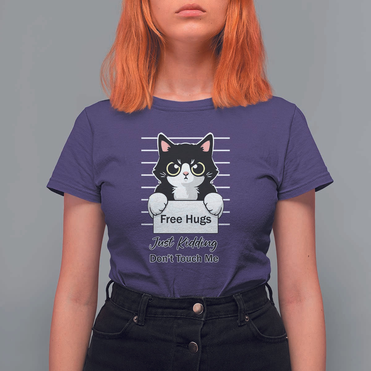 Funny Black Cat Quote T Shirt For Women Free Hugs Just Kidding Do Not Touch Me - Wonder Print Shop