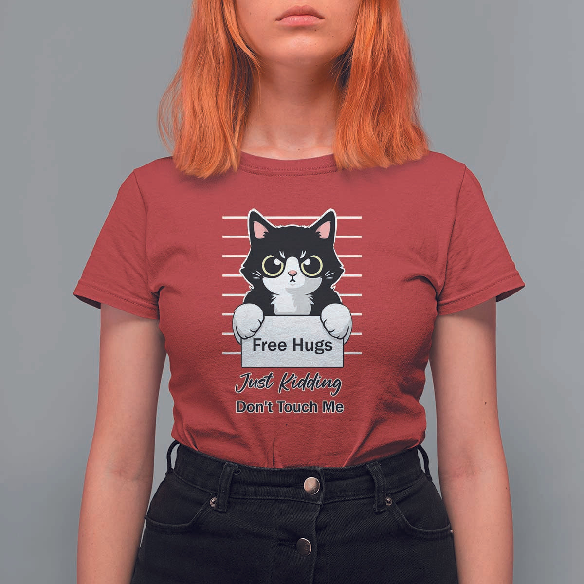 Funny Black Cat Quote T Shirt For Women Free Hugs Just Kidding Do Not Touch Me - Wonder Print Shop