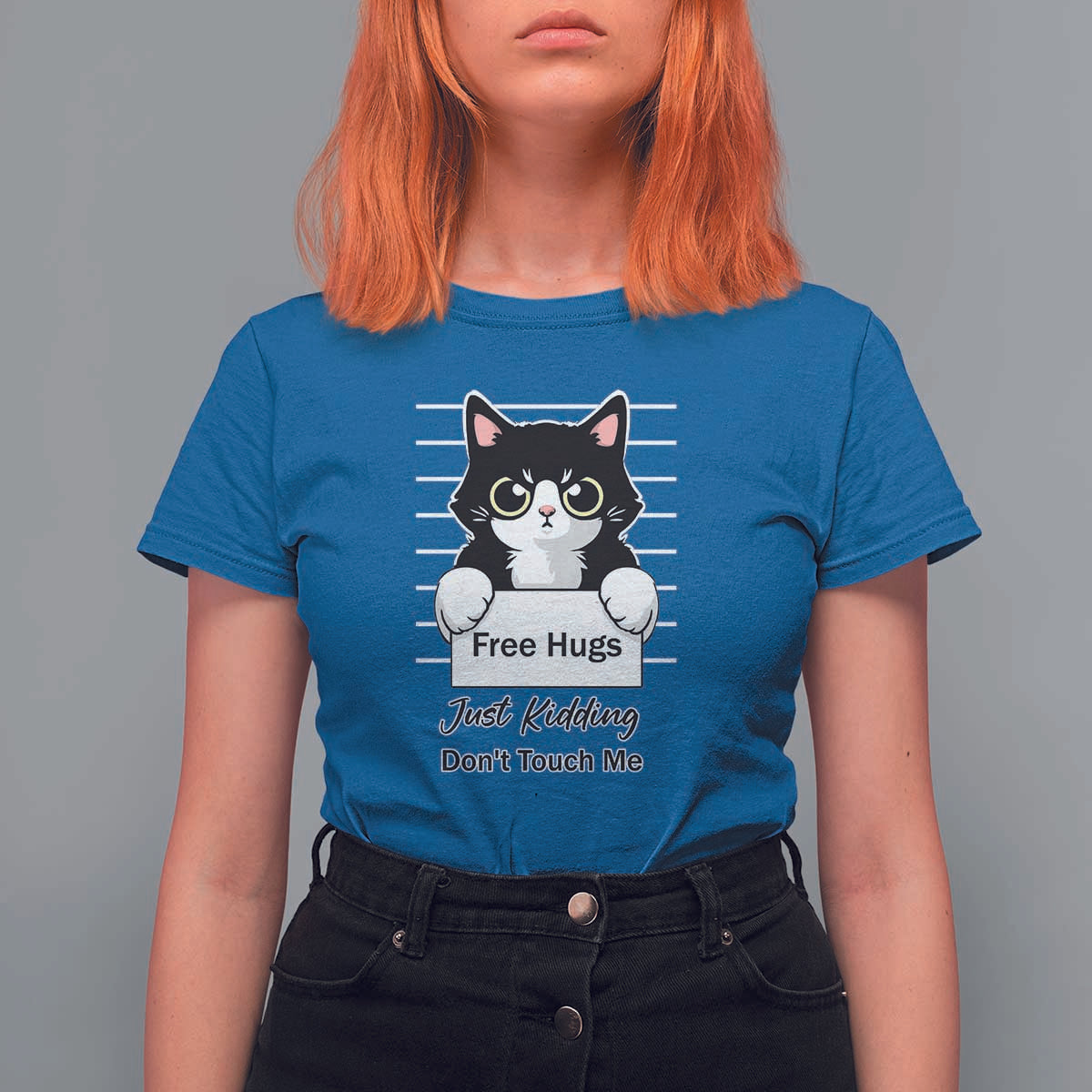 Funny Black Cat Quote T Shirt For Women Free Hugs Just Kidding Do Not Touch Me - Wonder Print Shop