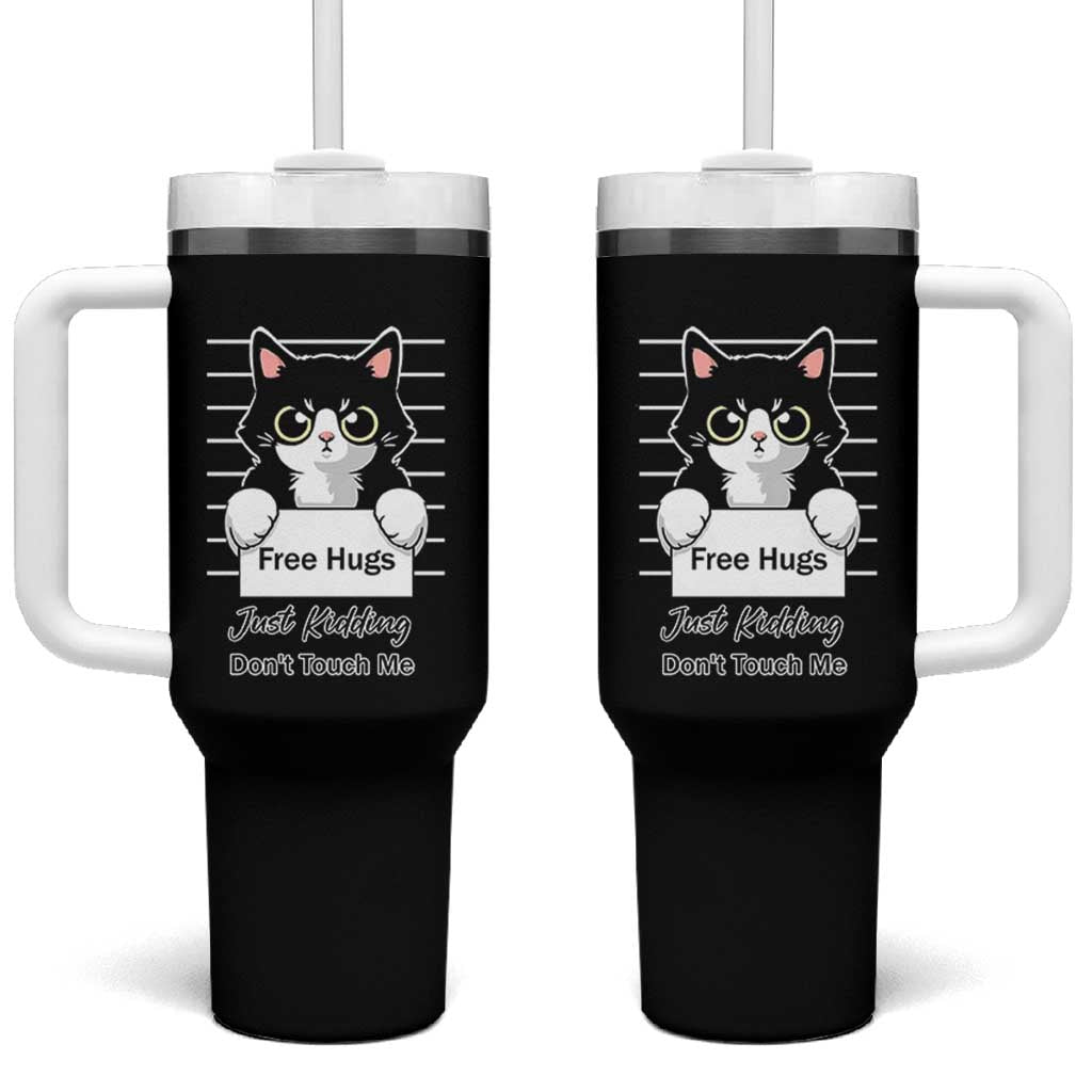 Funny Black Cat Quote Tumbler With Handle Free Hugs Just Kidding Do Not Touch Me