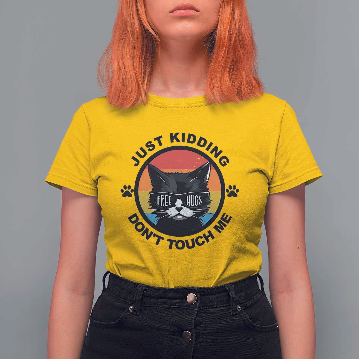 Black Cat Lovers T Shirt For Women Free Hugs Just Kidding Do Not Touch Me Gift - Wonder Print Shop