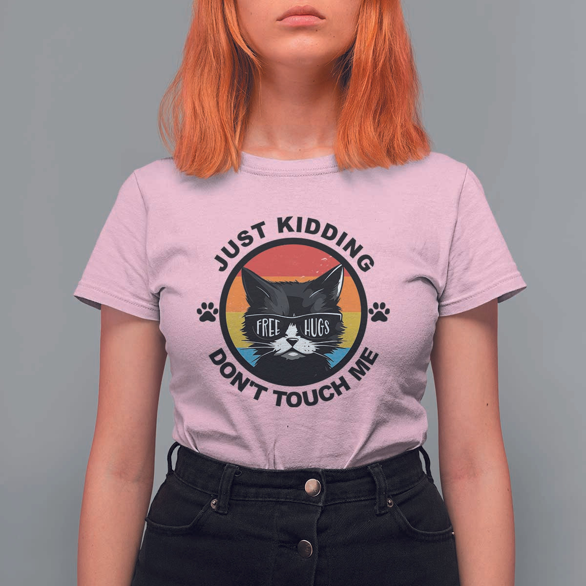 Black Cat Lovers T Shirt For Women Free Hugs Just Kidding Do Not Touch Me Gift - Wonder Print Shop