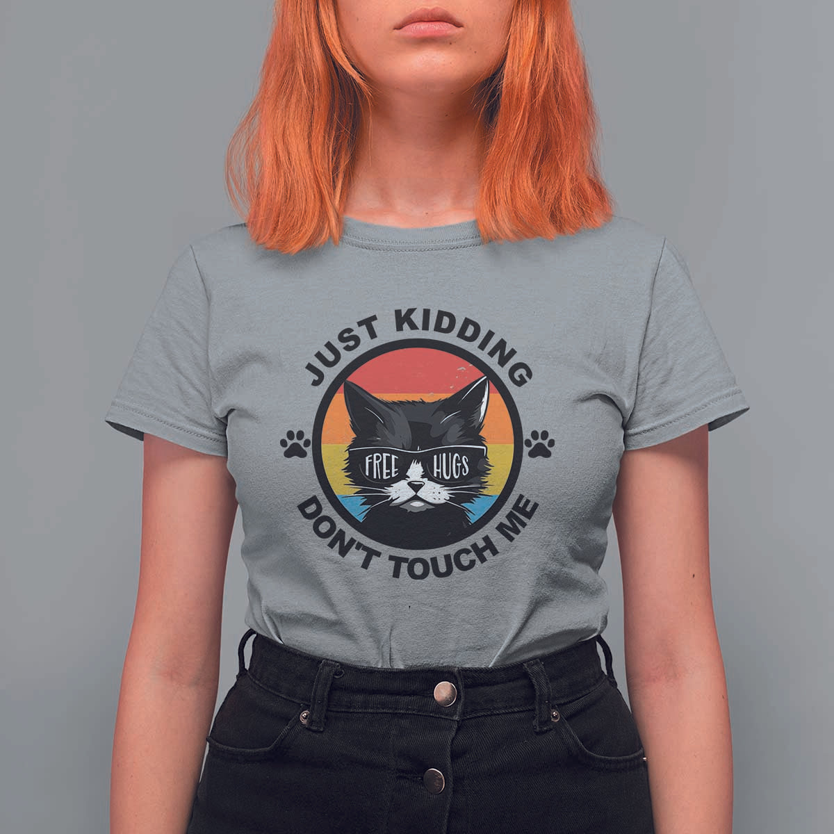 Black Cat Lovers T Shirt For Women Free Hugs Just Kidding Do Not Touch Me Gift - Wonder Print Shop