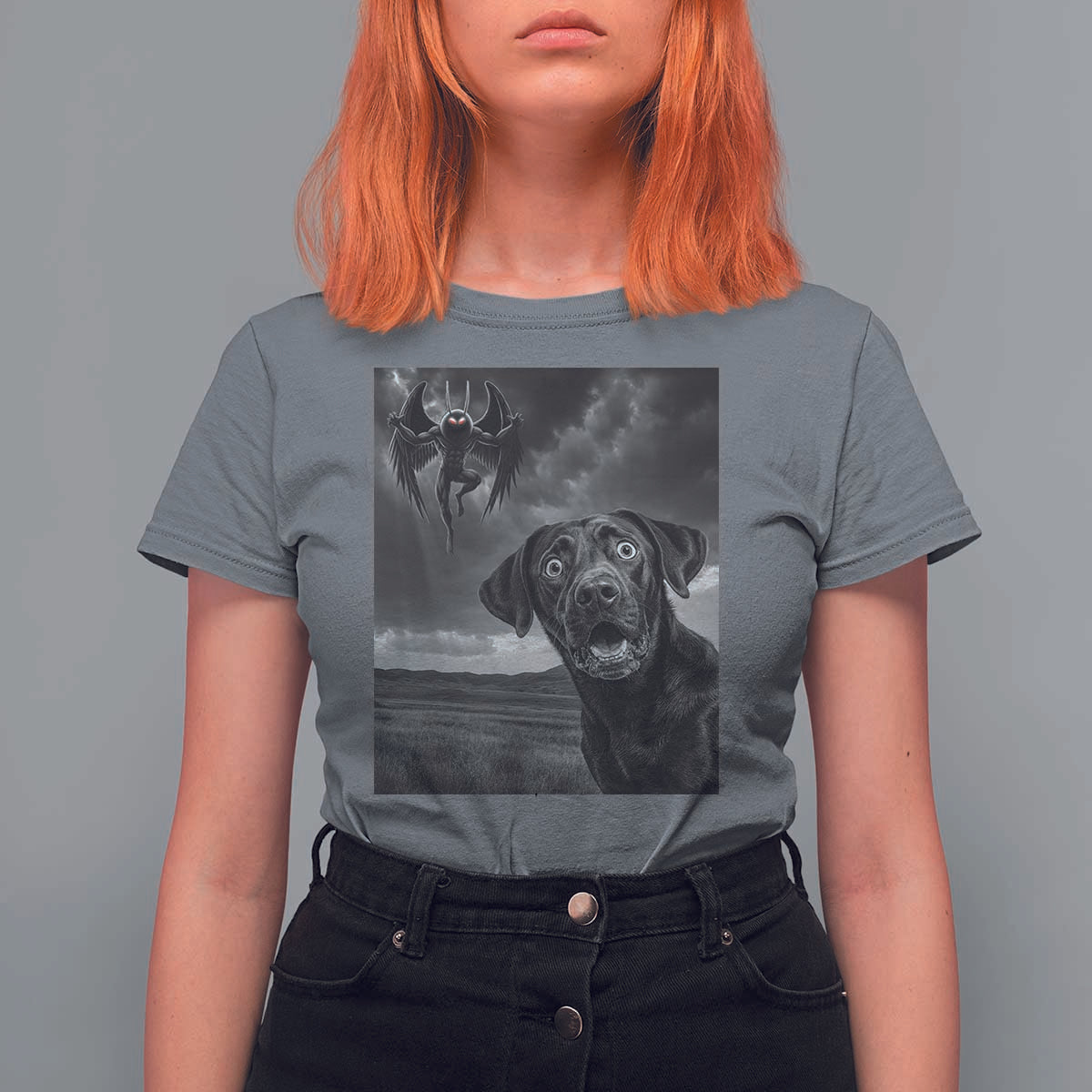 Funny Labrador Selfie With Mothman T Shirt For Women Cryptid Gift - Wonder Print Shop
