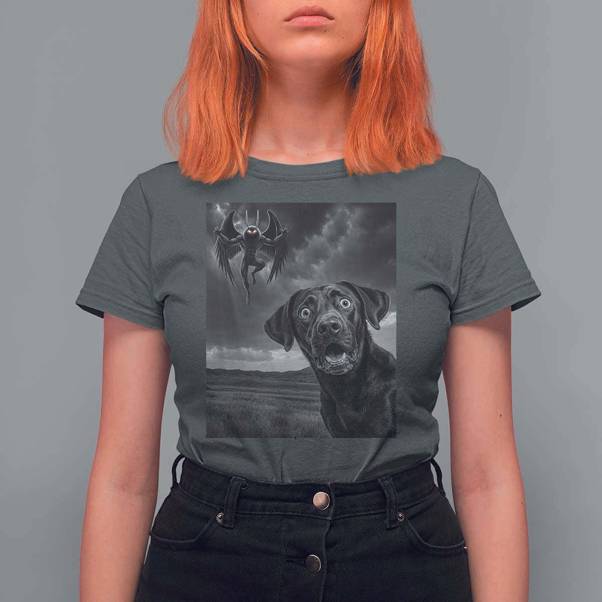 Funny Labrador Selfie With Mothman T Shirt For Women Cryptid Gift - Wonder Print Shop