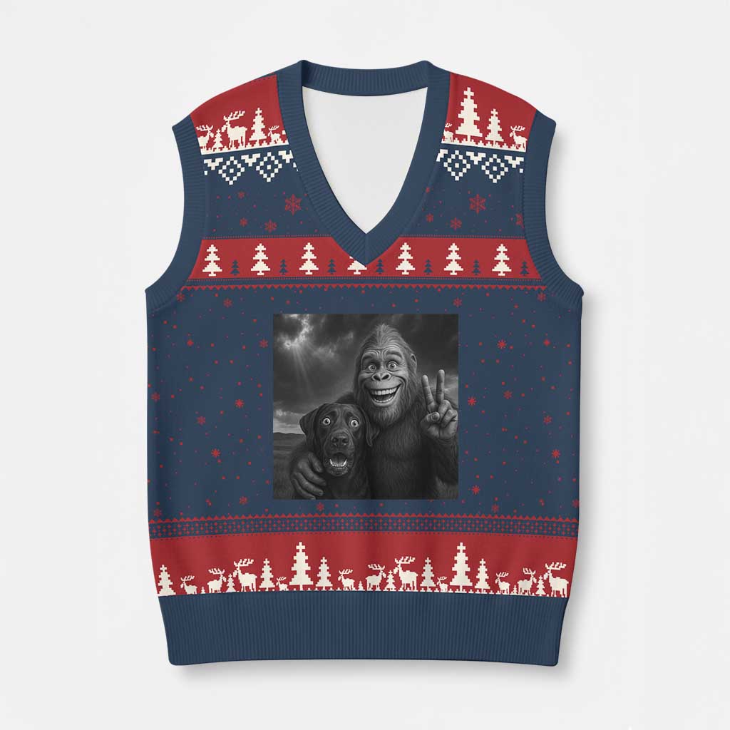 Cute Labrador Selfie With Bigfoot V-Neck Knit Sweater Vest Funny Cryptid - Wonder Print Shop