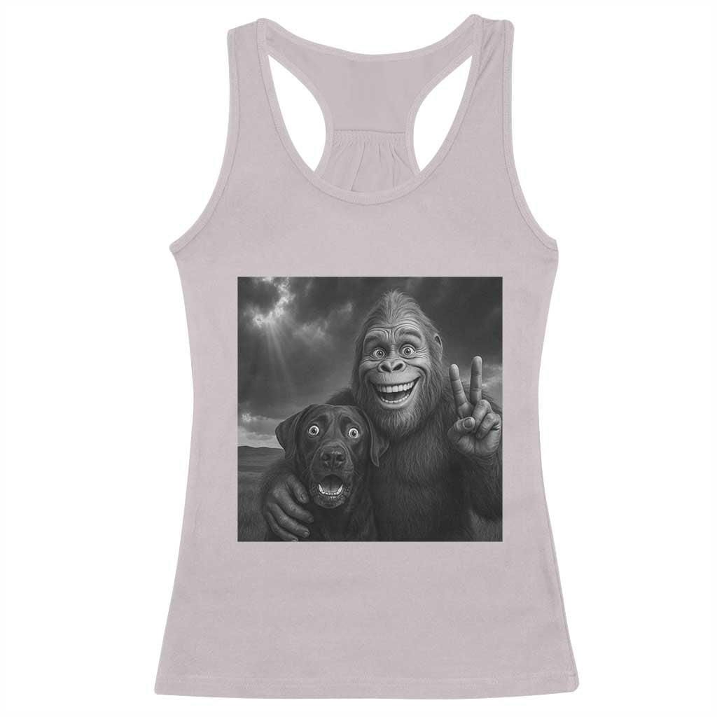 Cute Labrador Selfie With Bigfoot Racerback Tank Top Funny Cryptid - Wonder Print Shop