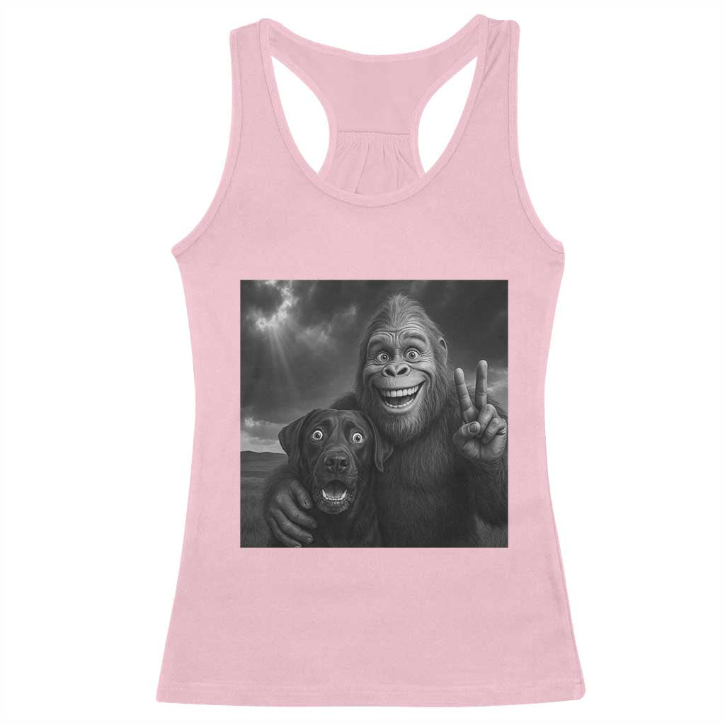 Cute Labrador Selfie With Bigfoot Racerback Tank Top Funny Cryptid - Wonder Print Shop