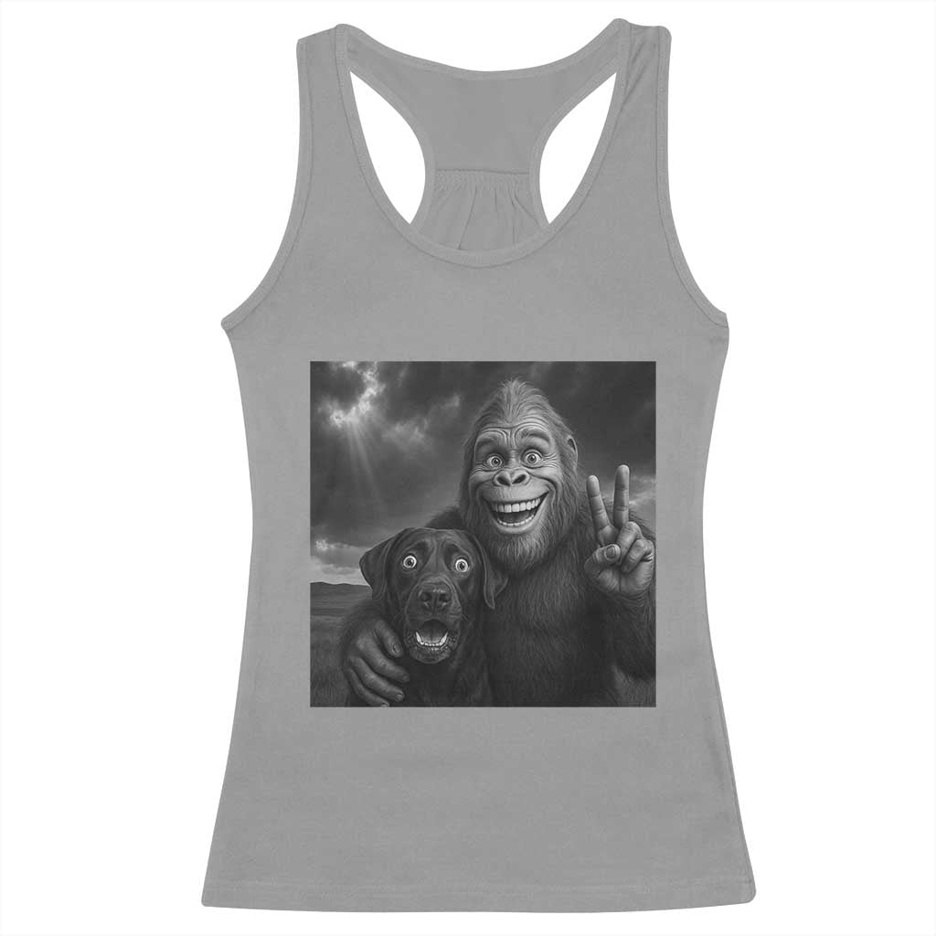 Cute Labrador Selfie With Bigfoot Racerback Tank Top Funny Cryptid - Wonder Print Shop