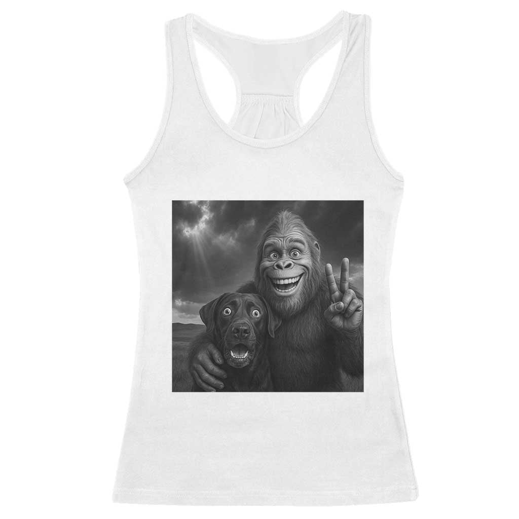 Cute Labrador Selfie With Bigfoot Racerback Tank Top Funny Cryptid - Wonder Print Shop