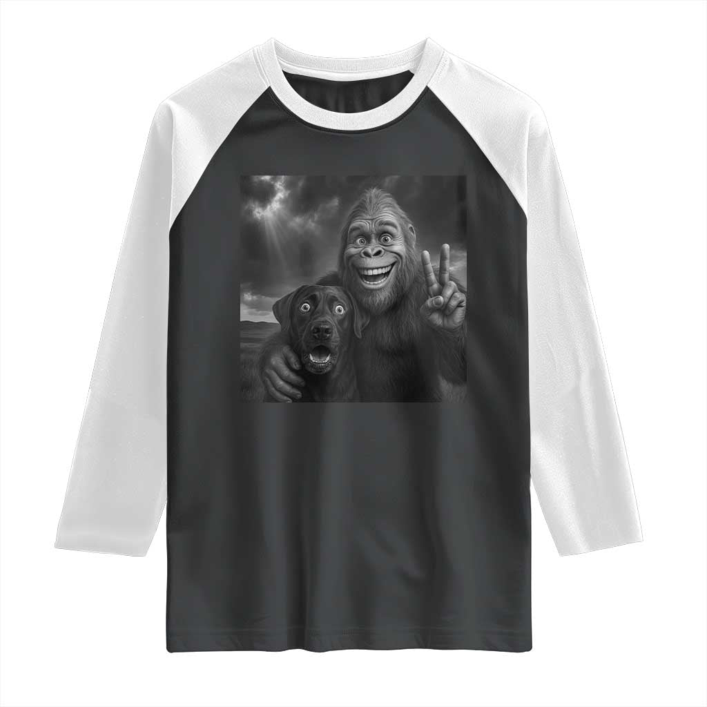 Cute Labrador Selfie With Bigfoot Raglan Shirt Funny Cryptid - Wonder Print Shop