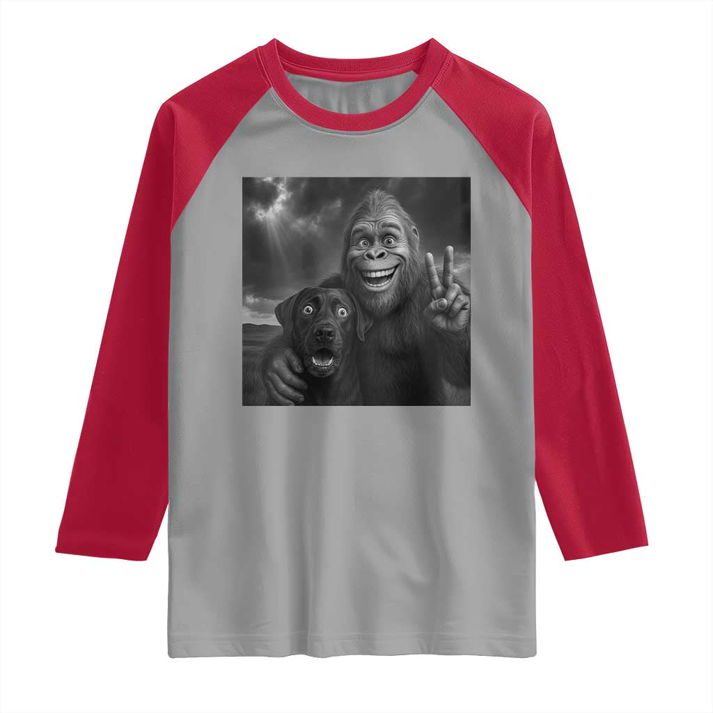 Cute Labrador Selfie With Bigfoot Raglan Shirt Funny Cryptid - Wonder Print Shop