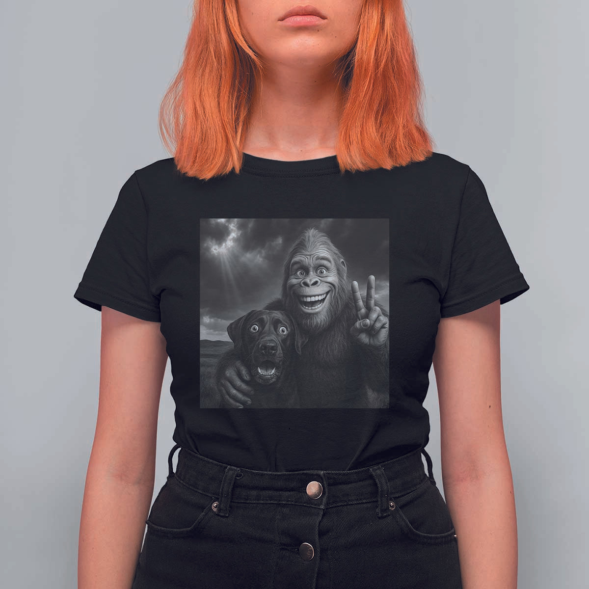 Cute Labrador Selfie With Bigfoot T Shirt For Women Funny Cryptid - Wonder Print Shop