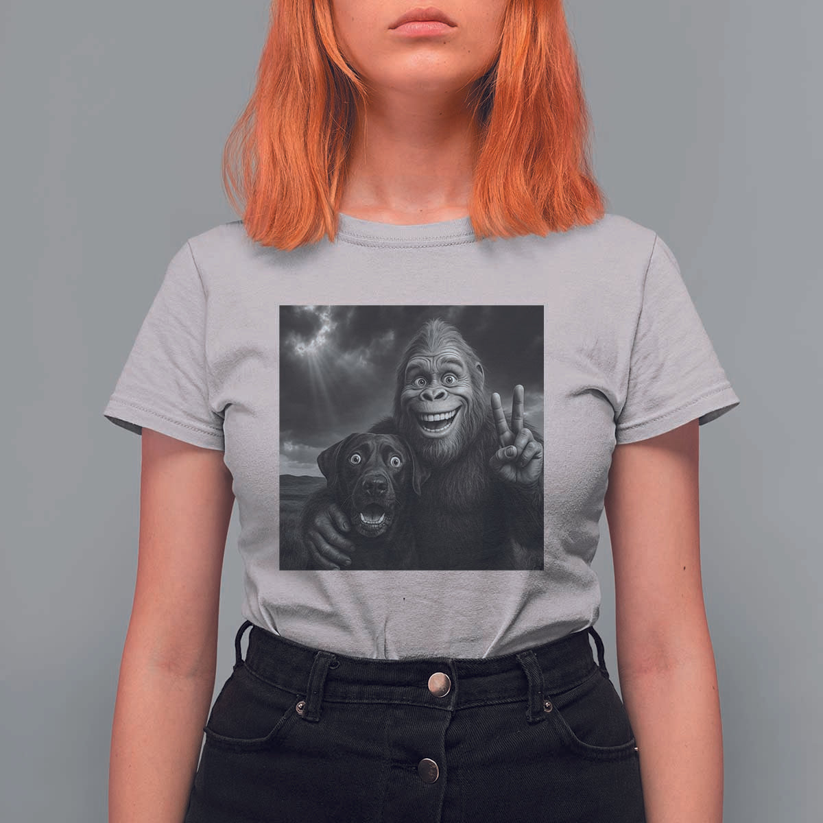 Cute Labrador Selfie With Bigfoot T Shirt For Women Funny Cryptid - Wonder Print Shop