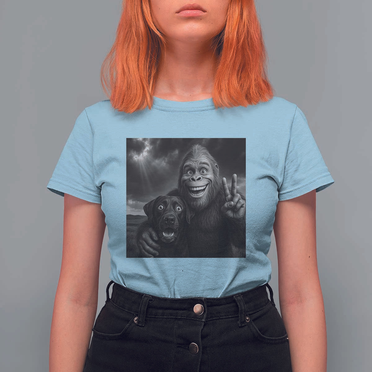 Cute Labrador Selfie With Bigfoot T Shirt For Women Funny Cryptid - Wonder Print Shop