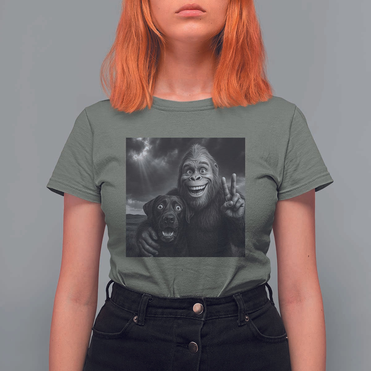 Cute Labrador Selfie With Bigfoot T Shirt For Women Funny Cryptid - Wonder Print Shop