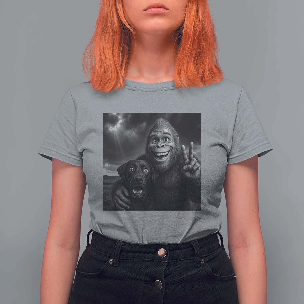 Cute Labrador Selfie With Bigfoot T Shirt For Women Funny Cryptid - Wonder Print Shop