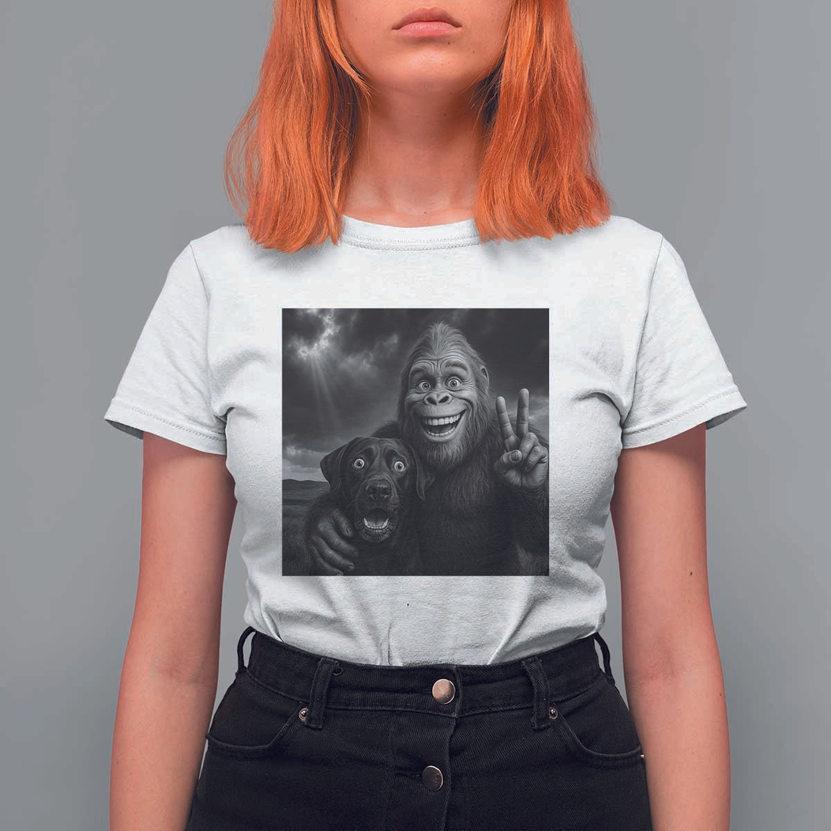 Cute Labrador Selfie With Bigfoot T Shirt For Women Funny Cryptid - Wonder Print Shop