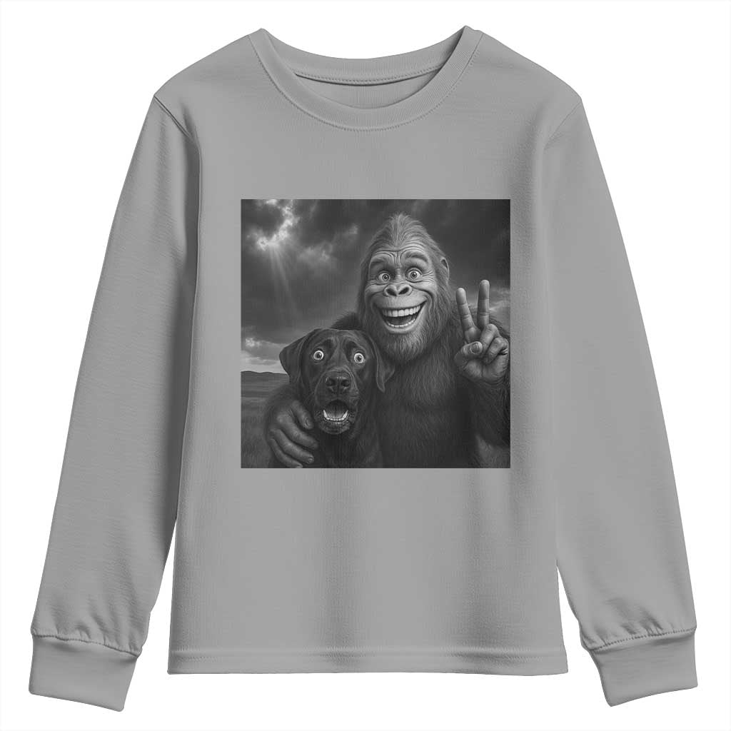 Cute Labrador Selfie With Bigfoot Youth Sweatshirt Funny Cryptid - Wonder Print Shop