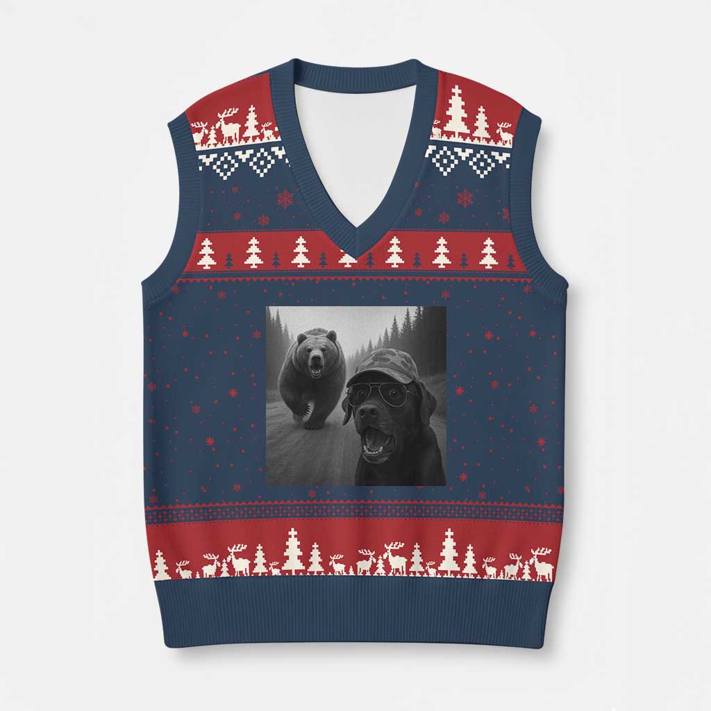 Funny Labrador Selfie With Bear V-Neck Knit Sweater Vest Dog Lover Gift - Wonder Print Shop