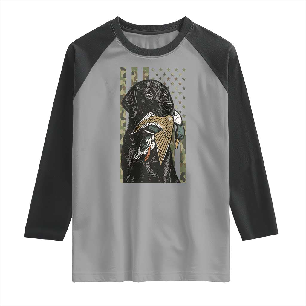 Patriotic Black Lab Raglan Shirt Hunting Dog American Flag Camo Gift - Wonder Print Shop