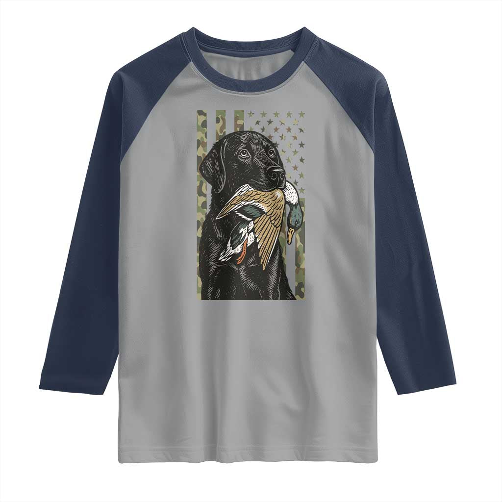 Patriotic Black Lab Raglan Shirt Hunting Dog American Flag Camo Gift - Wonder Print Shop