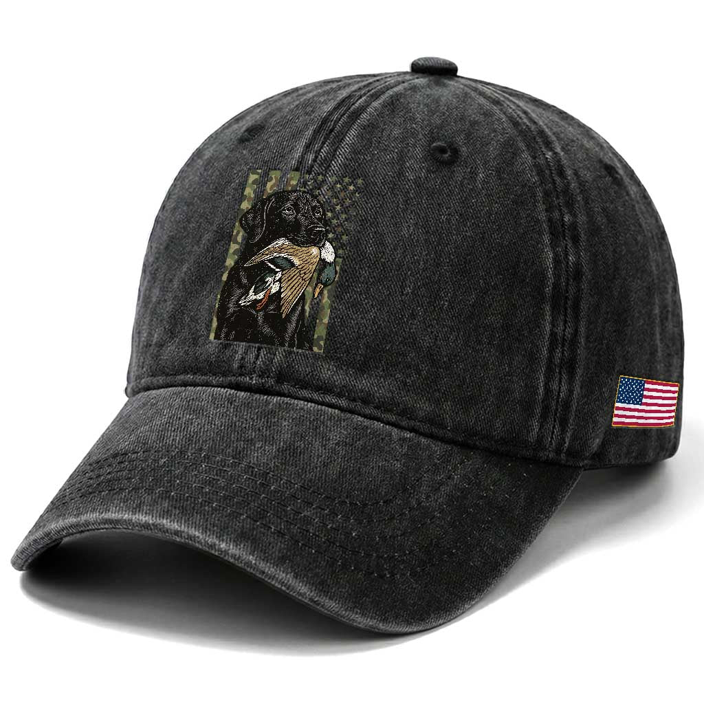 Patriotic Black Lab Washed Cotton Baseball Cap Hunting Dog American Flag Camo Gift