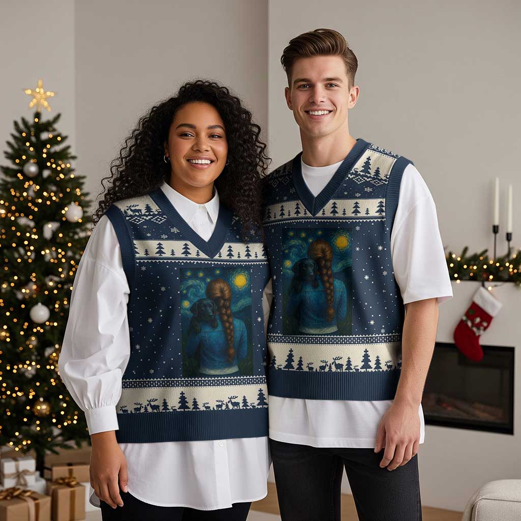 Starry Night Art Parody V-Neck Knit Sweater Vest Girl And Labrador Retriever Dog Mom Gift - Wonder Print Shop