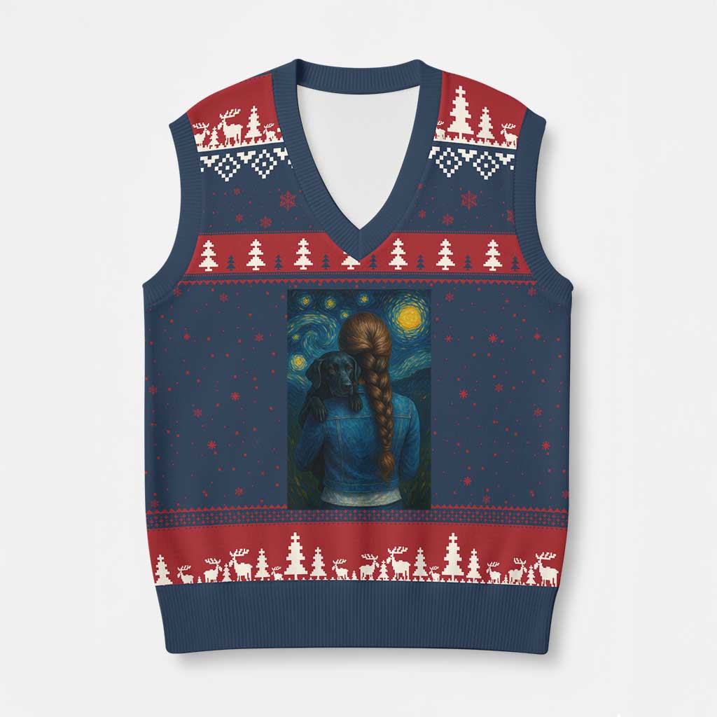 Starry Night Art Parody V-Neck Knit Sweater Vest Girl And Labrador Retriever Dog Mom Gift - Wonder Print Shop