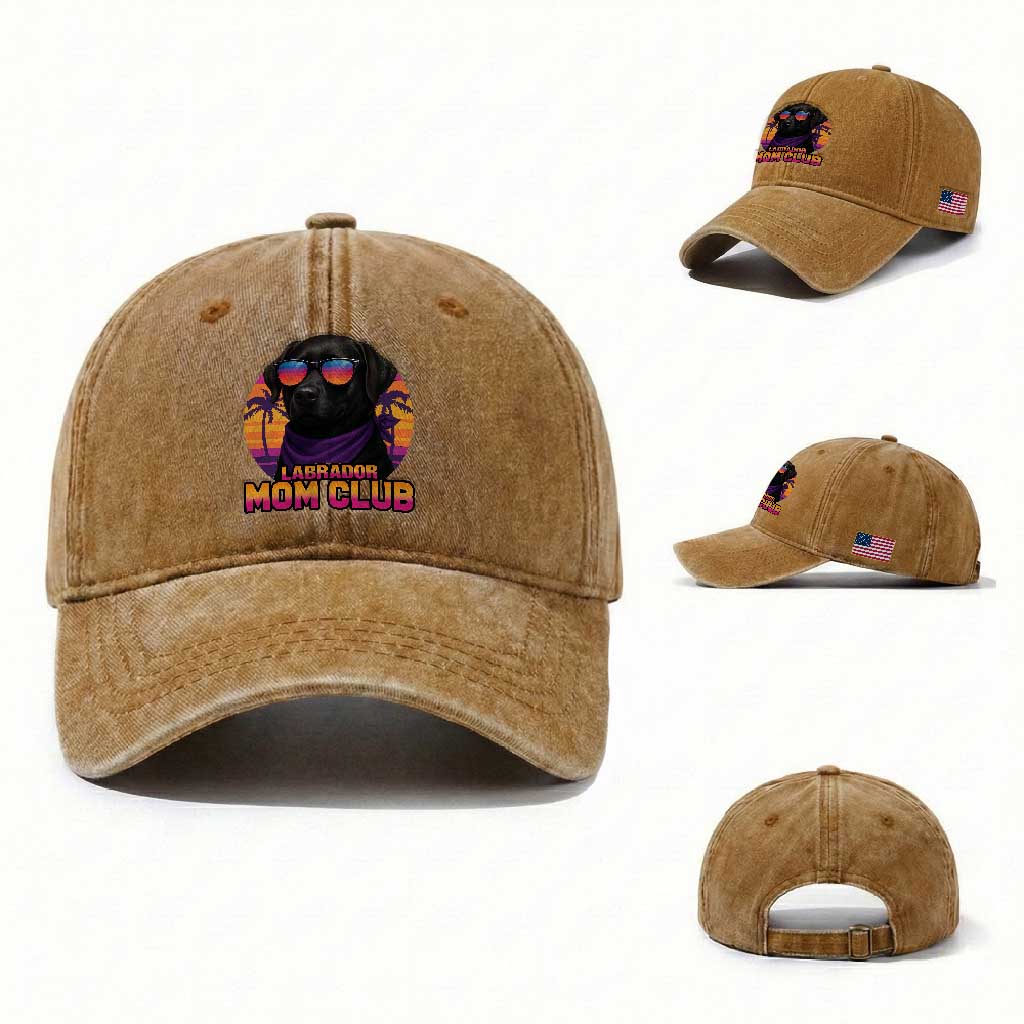 Funny Black Labrador Washed Cotton Baseball Cap Dog Mom Retro Sunset Gift