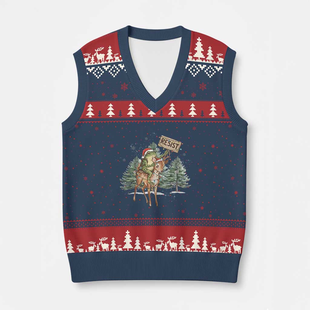 Resist Portland Frog Protest Xmas V-Neck Knit Sweater Vest Funny Holiday Meme Gift Idea - Wonder Print Shop