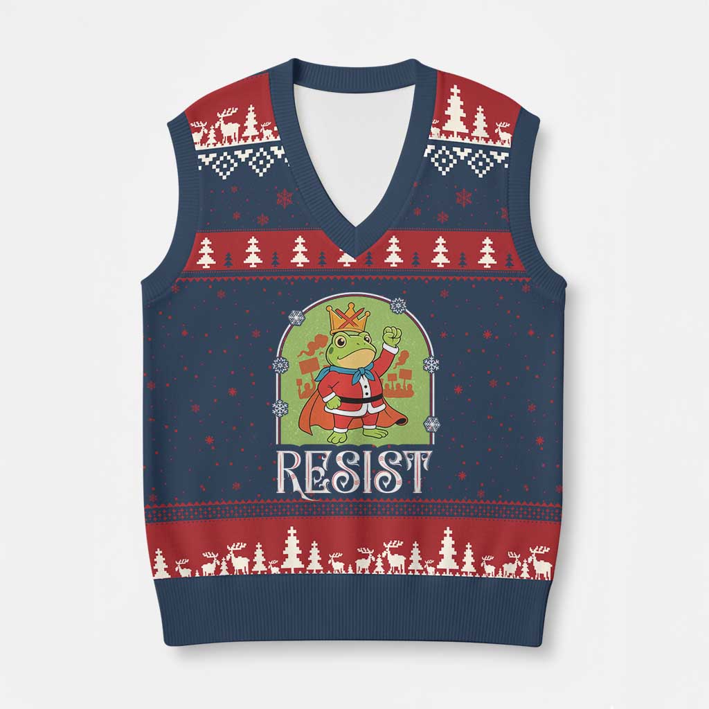 Resist Portland Frog Protest V-Neck Knit Sweater Vest Funny No Kings Xmas Gift - Wonder Print Shop