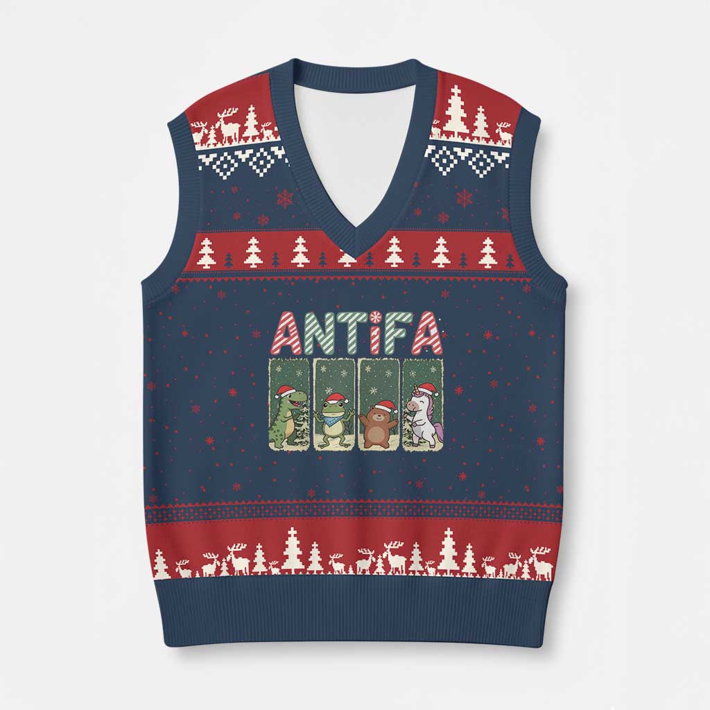 Funny Xmas Frogtifa V-Neck Knit Sweater Vest Portland Resist Frog Protest - Wonder Print Shop