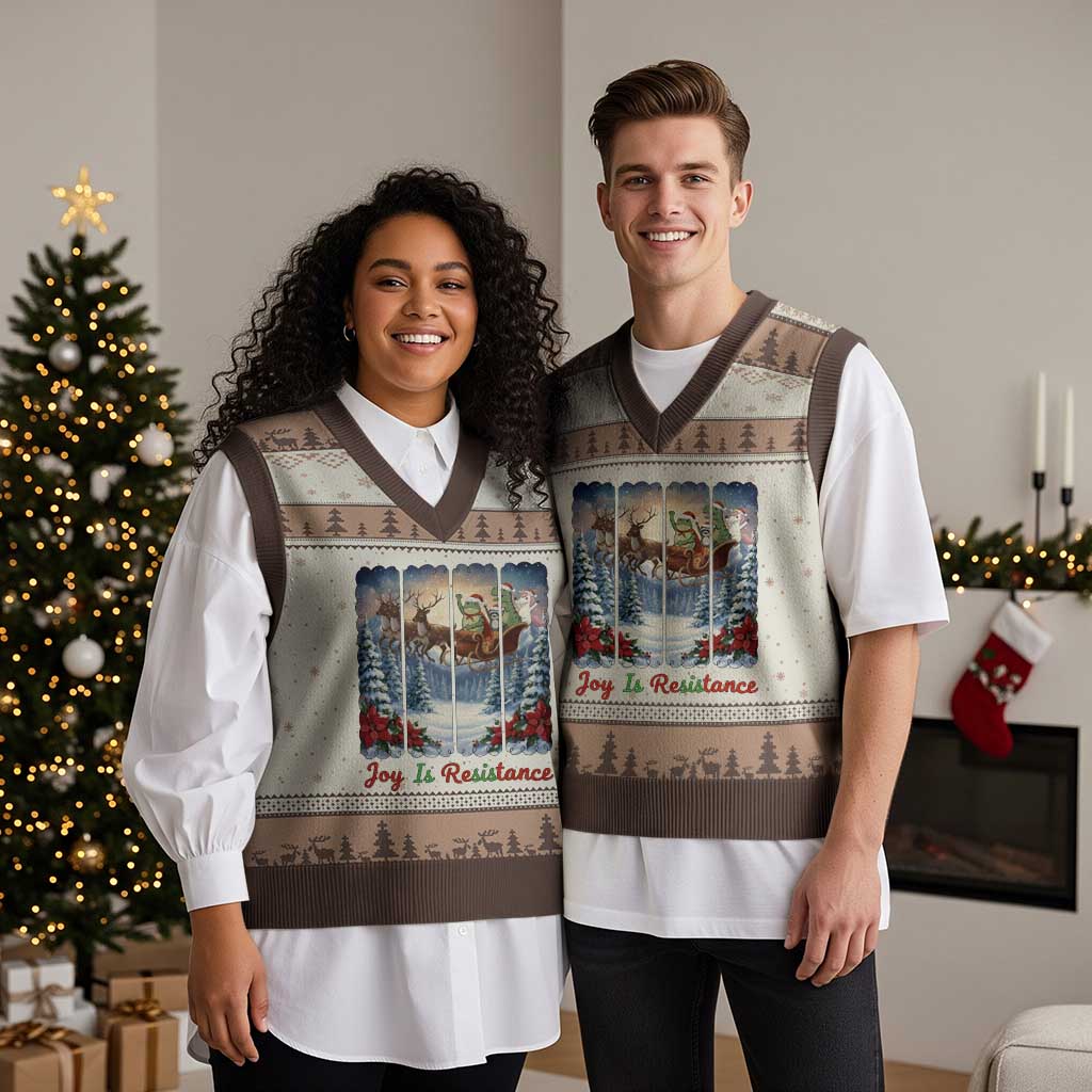 Joy Is Resistance Portland Frog Protest V-Neck Knit Sweater Vest Funny Holiday Meme Gift Idea - Wonder Print Shop