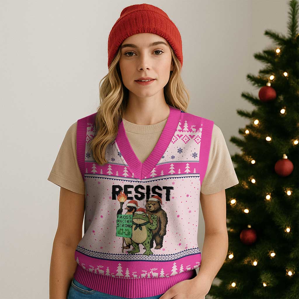 Funny Xmas Frogs Together Strong V-Neck Knit Sweater Vest Portland Resist Meme Gift - Wonder Print Shop