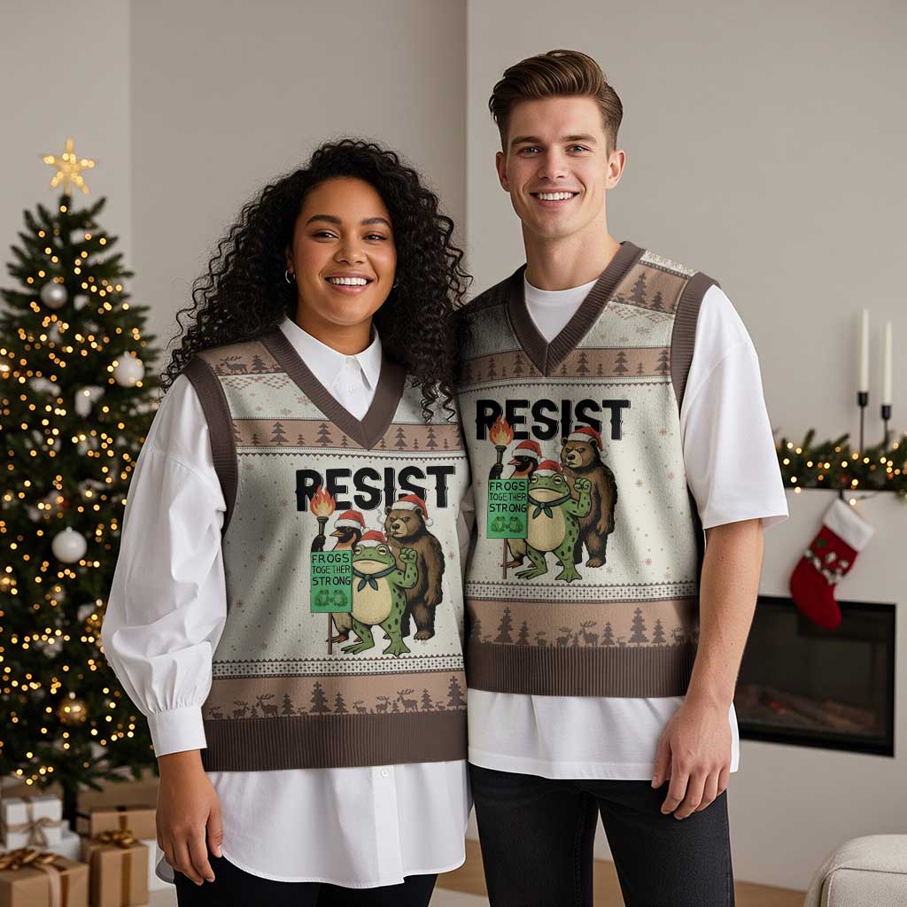 Funny Xmas Frogs Together Strong V-Neck Knit Sweater Vest Portland Resist Meme Gift - Wonder Print Shop
