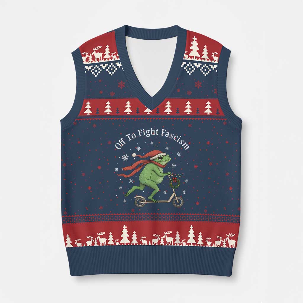 Portland Frog Protest Off To Fight Fascism V-Neck Knit Sweater Vest Funny Xmas Gift - Wonder Print Shop