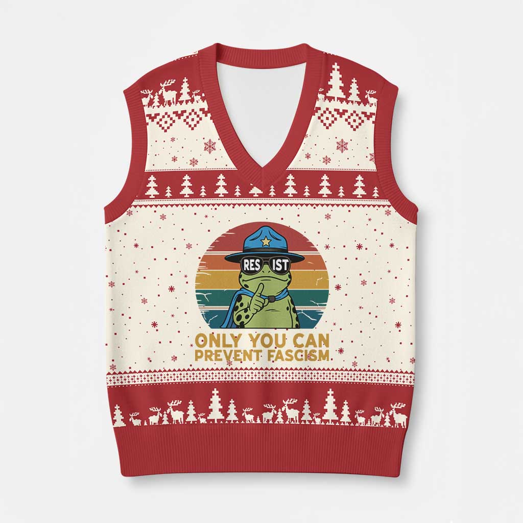 Only You Can Prevent Fascism V-Neck Knit Sweater Vest Funny Portland Frog Protest Gift - Wonder Print Shop