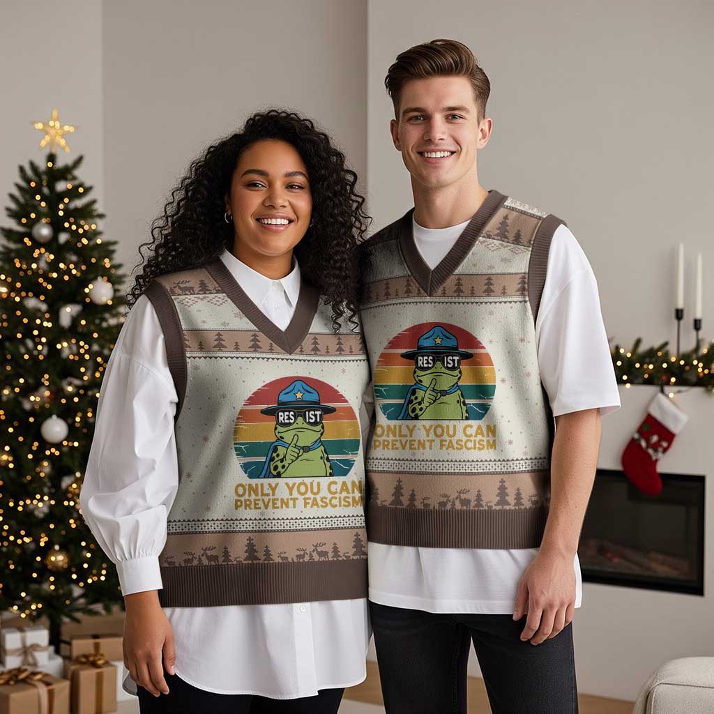 Only You Can Prevent Fascism V-Neck Knit Sweater Vest Funny Portland Frog Protest Gift - Wonder Print Shop