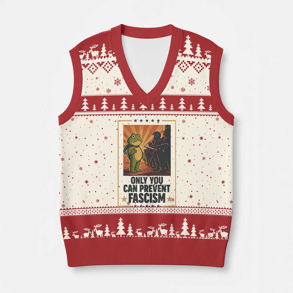 Funny Portland Frog Protest V-Neck Knit Sweater Vest Only You Can Prevent Fascism Gift - Wonder Print Shop