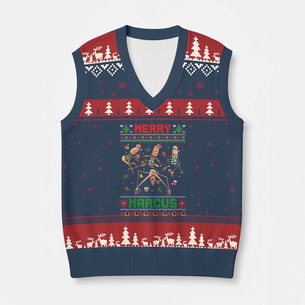 Funny Merry Marcus V-Neck Knit Sweater Vest Ugly Xmas Marcus The Worm Meme Gift - Wonder Print Shop